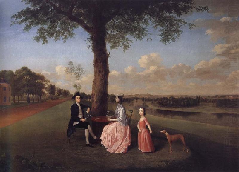 Henry Fiennes Clinton,9th Earl of Lincoln,with his wife,Catherine and his son,George,on the great terrace at Oatlands, Arthur Devis